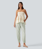 Mid Rise Cotton Linen Casual Joggers with Pockets — Pale Aqua — view 6