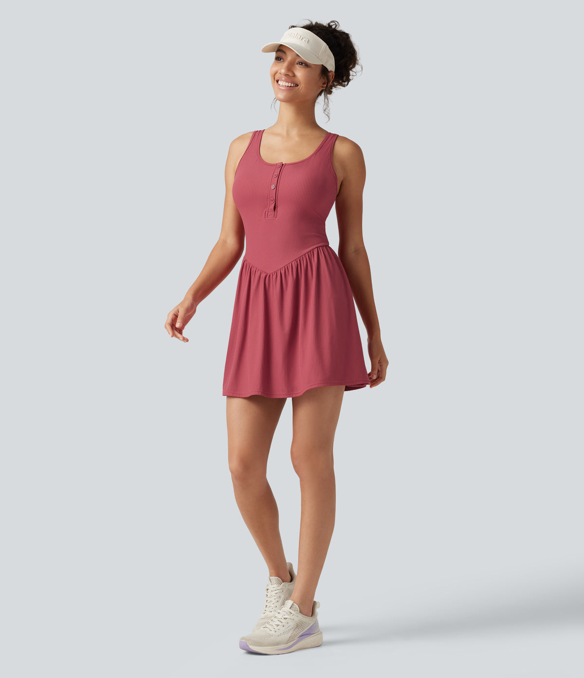 Ribbed Henley Neck Built-in Bra 2-in-1 Mini Tennis Active Tank Dress with Pockets-Edition — Holly Berry — view 8