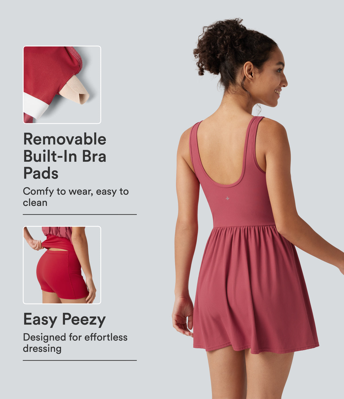 Ribbed Henley Neck Built-in Bra 2-in-1 Mini Tennis Active Tank Dress with Pockets-Edition — Holly Berry — view 1