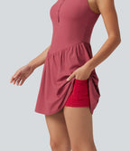 Ribbed Henley Neck Built-in Bra 2-in-1 Mini Tennis Active Tank Dress with Pockets-Edition — Holly Berry — view 6