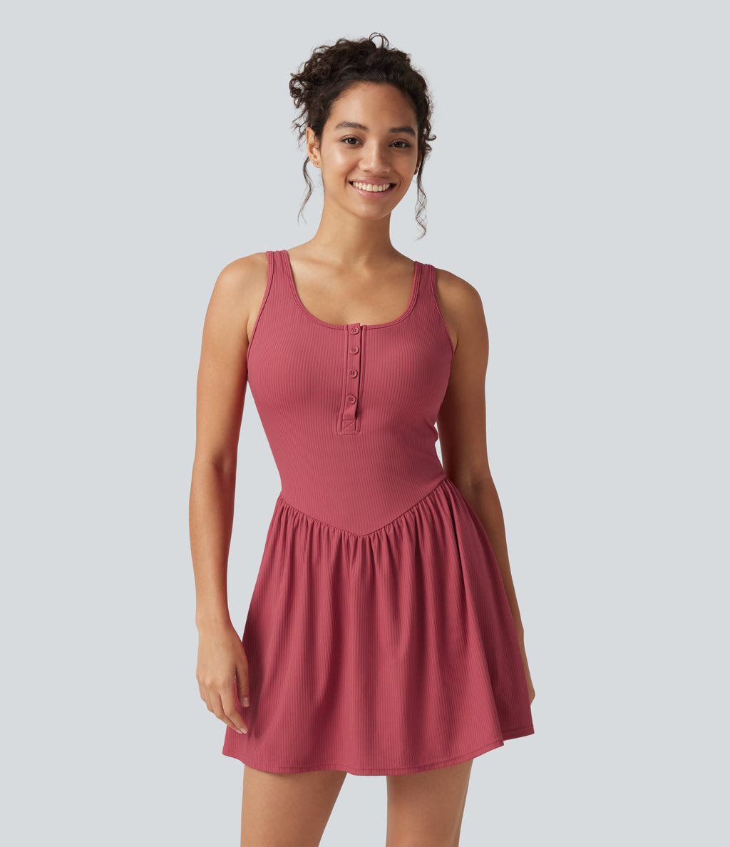 Ribbed Henley Neck Built-in Bra 2-in-1 Mini Tennis Active Tank Dress with Pockets-Edition — Holly Berry — view 2
