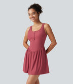 Ribbed Henley Neck Built-in Bra 2-in-1 Mini Tennis Active Tank Dress with Pockets-Edition — Holly Berry — view 3