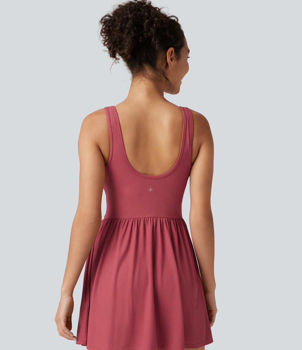 Ribbed Henley Neck Built-in Bra 2-in-1 Mini Tennis Active Tank Dress with Pockets-Edition — Holly Berry — view 4