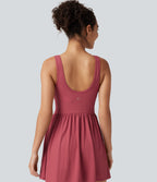 Ribbed Henley Neck Built-in Bra 2-in-1 Mini Tennis Active Tank Dress with Pockets-Edition — Holly Berry — view 4