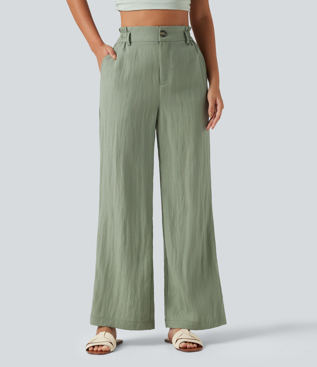 High Waisted Wide Leg Casual Linen-Blend Trousers with Pockets — Sea Spray — view 3