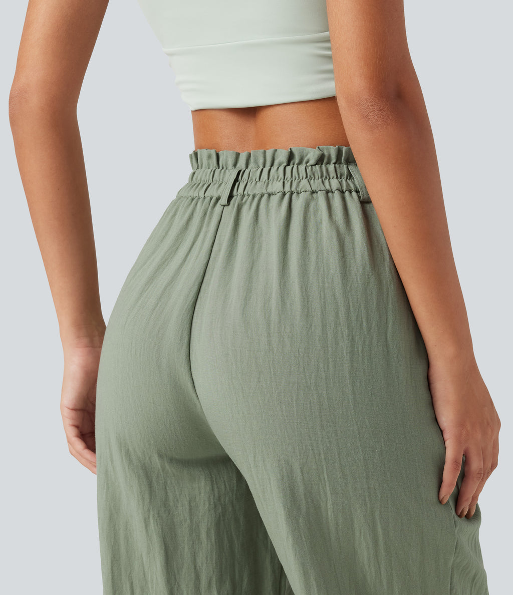High Waisted Wide Leg Casual Linen-Blend Trousers with Pockets — Sea Spray — view 5