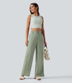 High Waisted Wide Leg Casual Linen-Blend Trousers with Pockets — Sea Spray — view 6