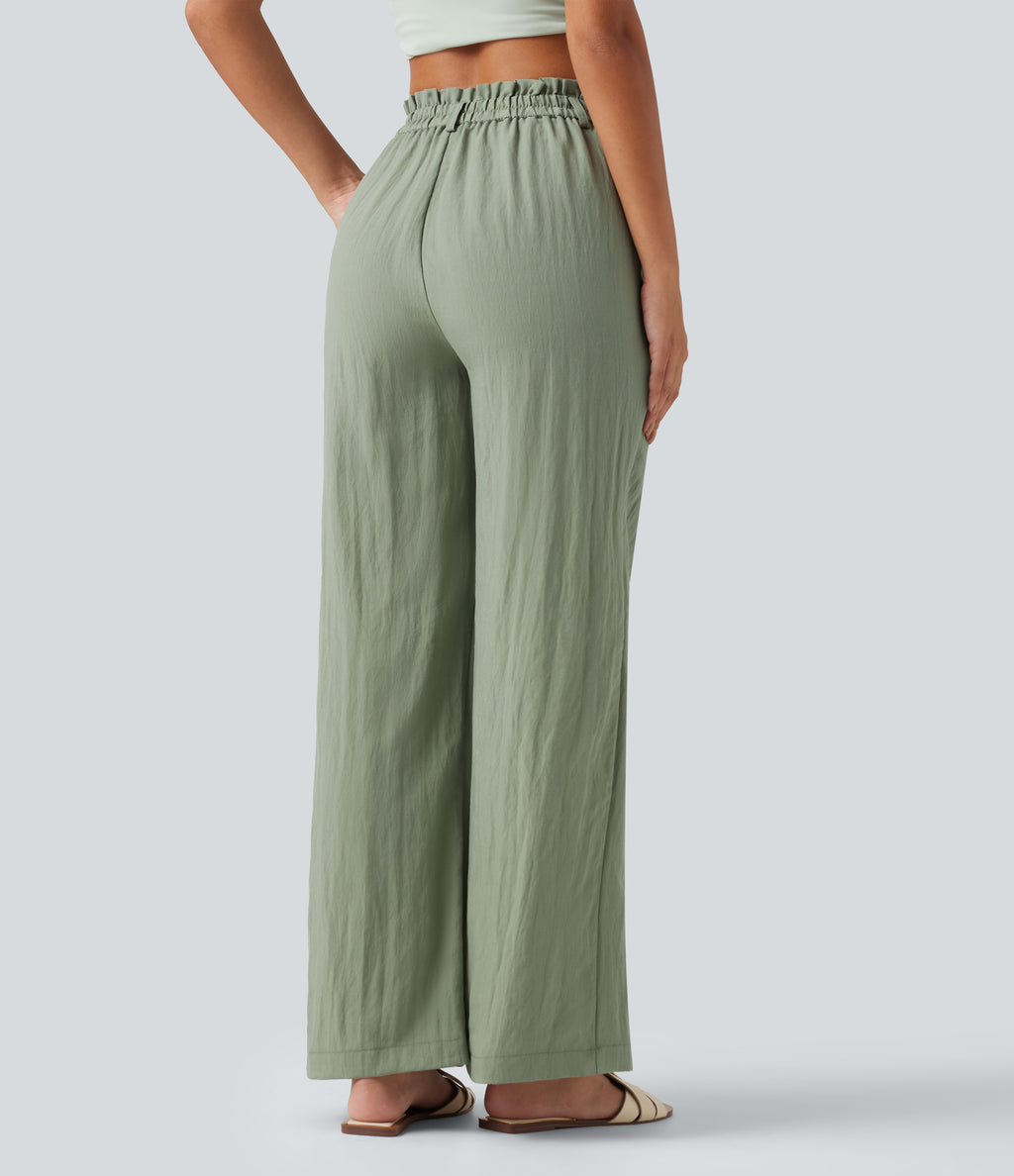 High Waisted Wide Leg Casual Linen-Blend Trousers with Pockets — Sea Spray — view 2