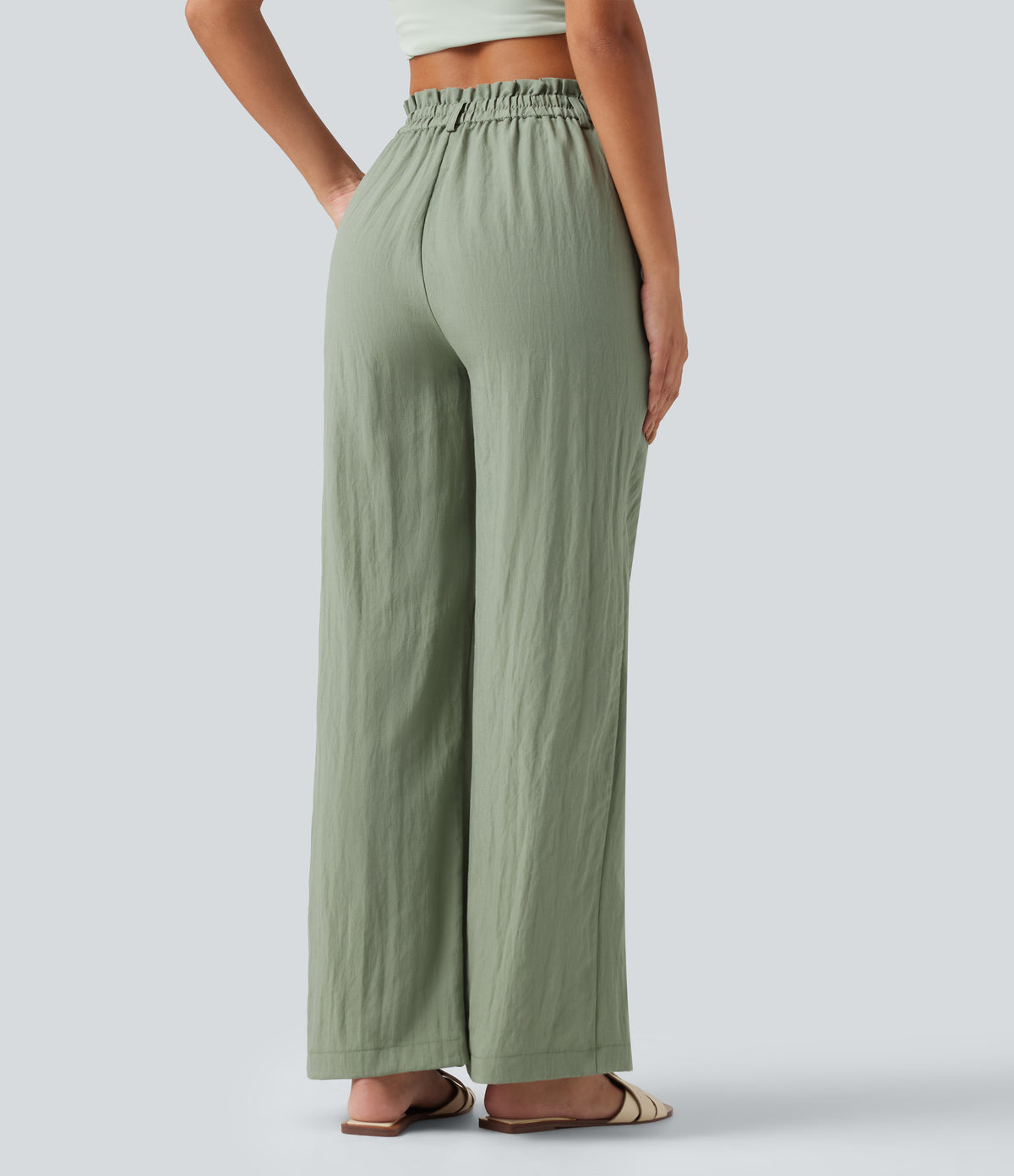 High Waisted Wide Leg Casual Linen-Blend Trousers with Pockets — Sea Spray — view 2