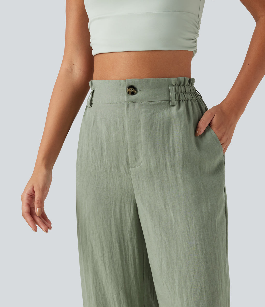 High Waisted Wide Leg Casual Linen-Blend Trousers with Pockets — Sea Spray — view 4