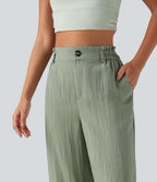High Waisted Wide Leg Casual Linen-Blend Trousers with Pockets — Sea Spray — view 4