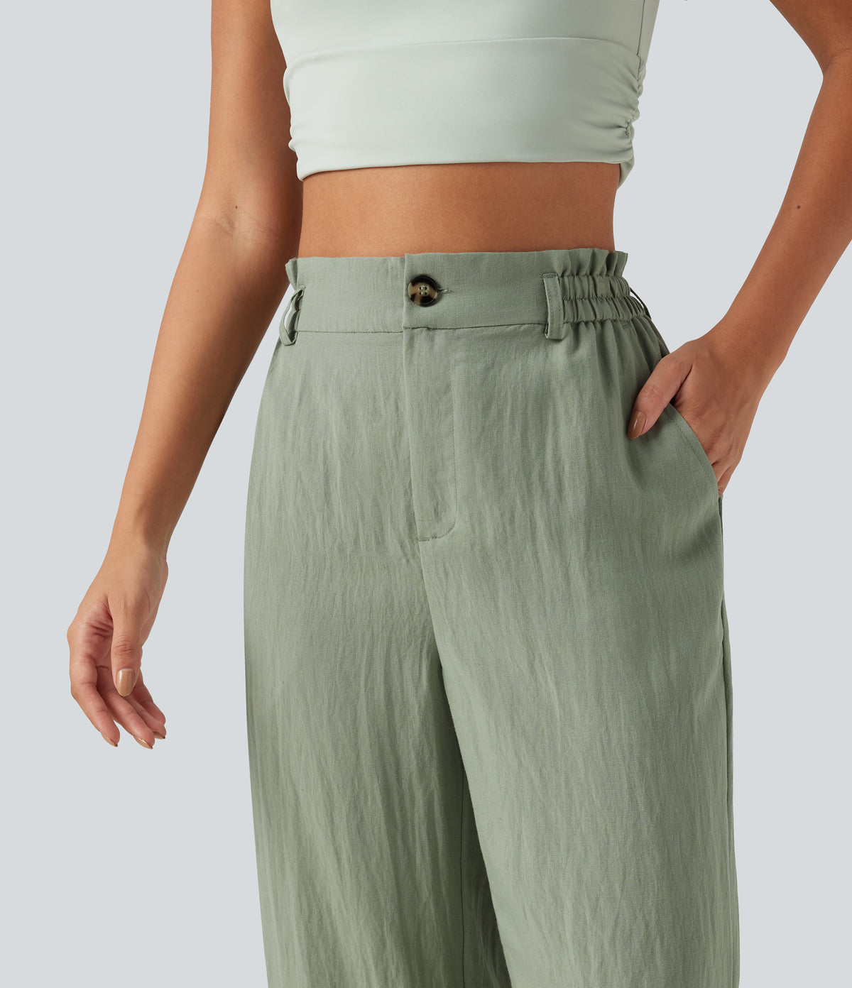 High Waisted Wide Leg Casual Linen-Blend Trousers with Pockets — Sea Spray — view 4