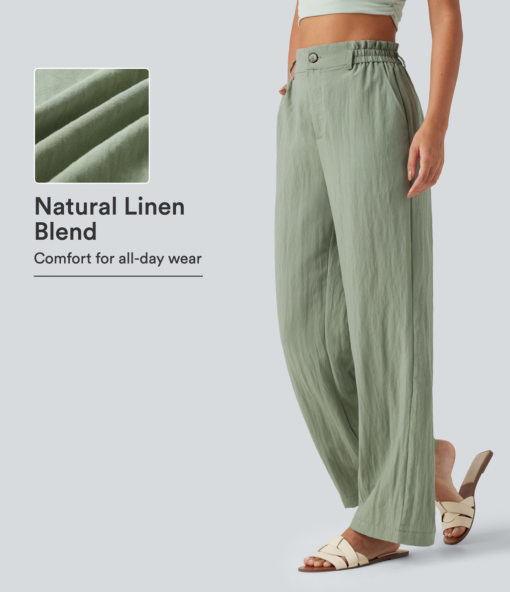 High Waisted Wide Leg Casual Linen-Blend Trousers with Pockets — Sea Spray — view 1
