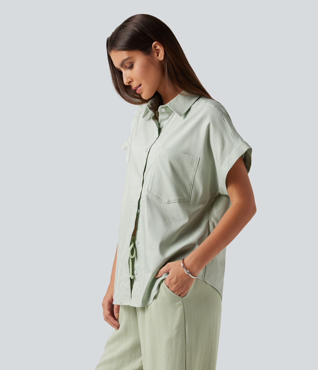 Short Sleeve Casual Cotton Linen Shirt with Pocket — Mint Gray — view 3