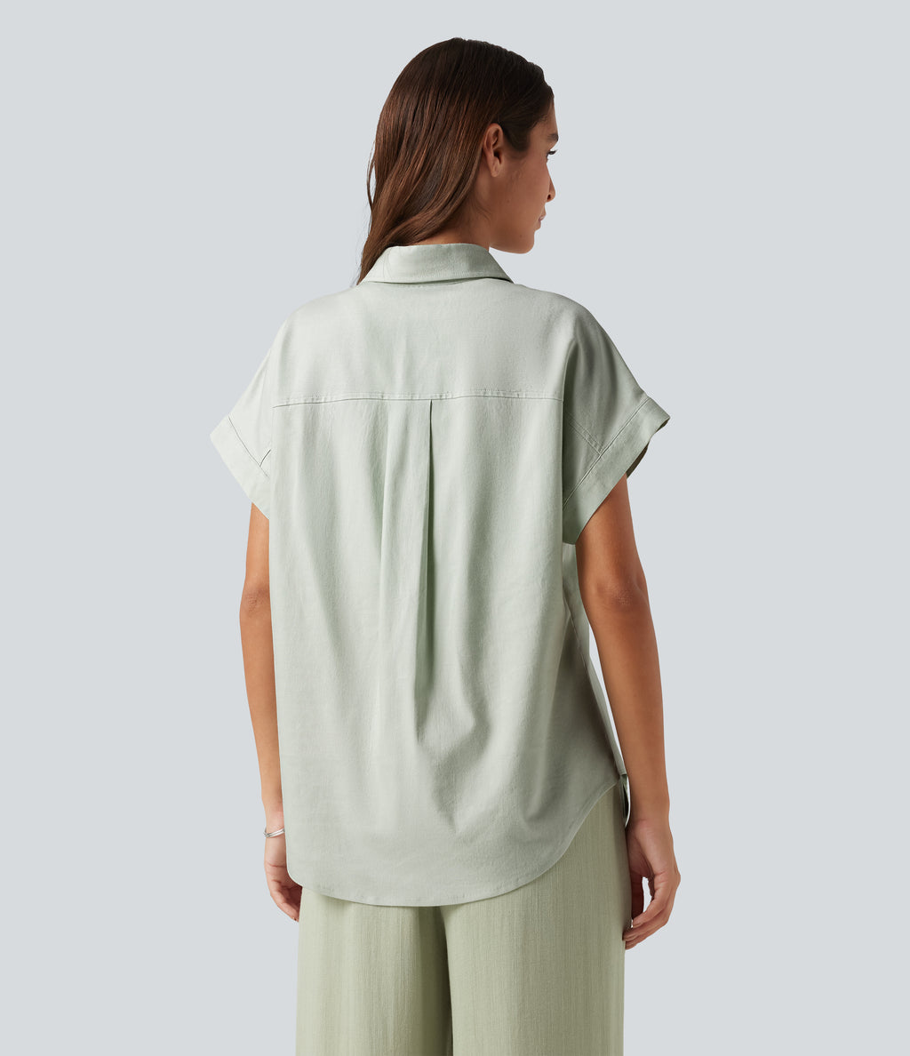 Short Sleeve Casual Cotton Linen Shirt with Pocket — Mint Gray — view 2