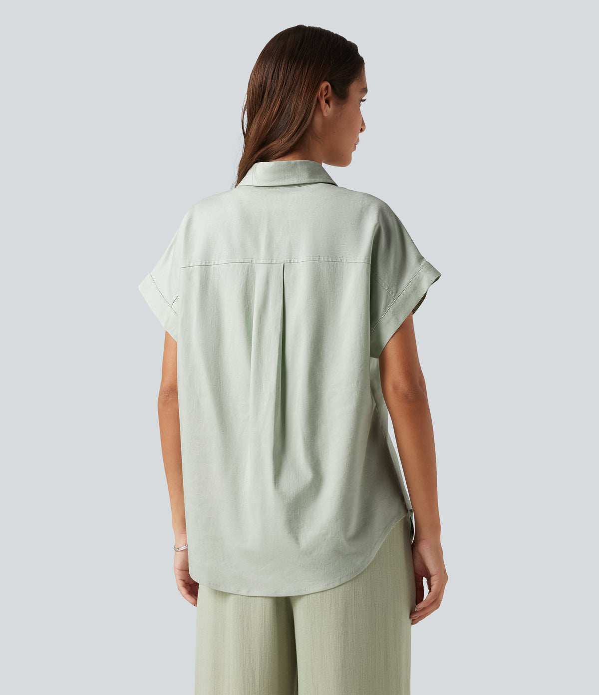 Short Sleeve Casual Cotton Linen Shirt with Pocket — Mint Gray — view 2