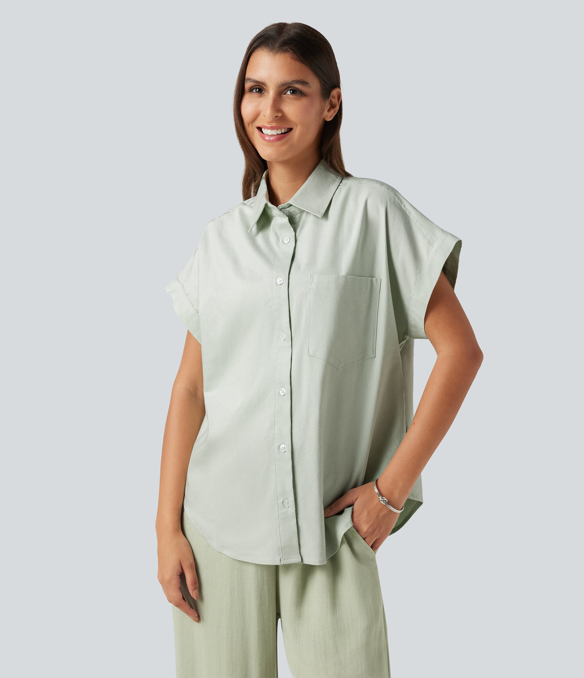 Short Sleeve Casual Cotton Linen Shirt with Pocket — Mint Gray — view 4