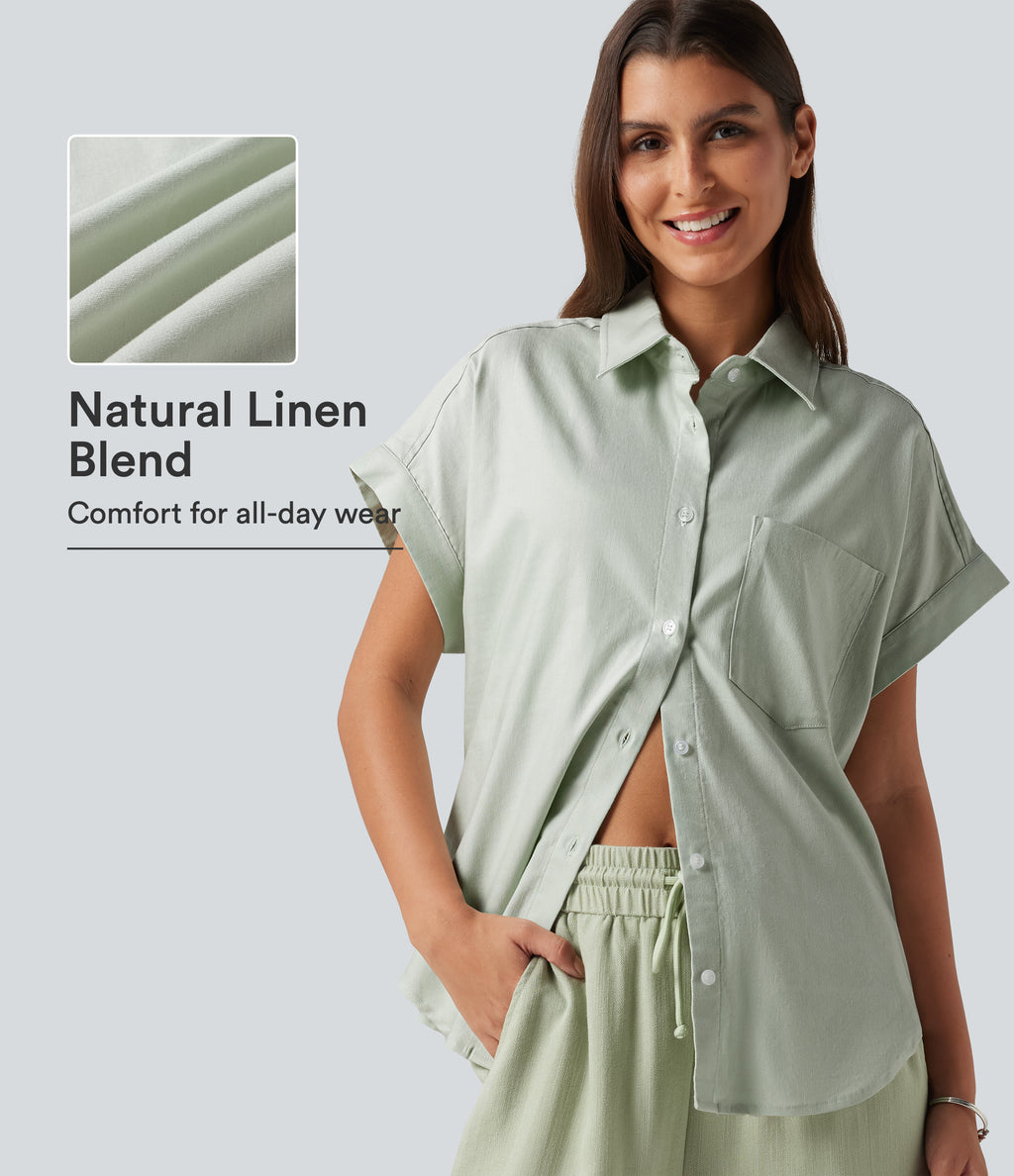 Short Sleeve Casual Cotton Linen Shirt with Pocket — Mint Gray — view 1