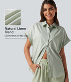 Short Sleeve Casual Cotton Linen Shirt with Pocket — Mint Gray — view 1
