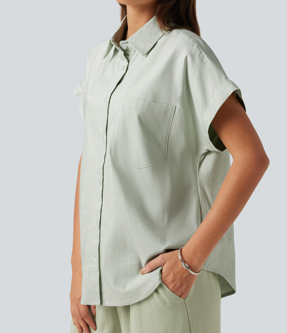 Short Sleeve Casual Cotton Linen Shirt with Pocket — Mint Gray — view 5