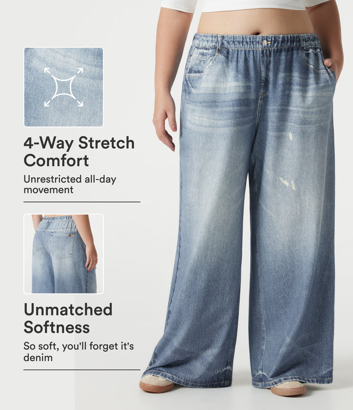Plus Size Mid Rise Denim Print French Terry Casual Sweatpants Jeans with Pockets — Light Ocean Denim — view 1