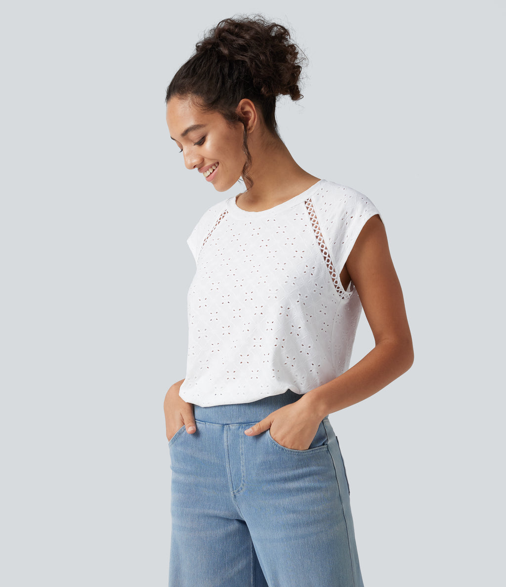 Round Neck Cap Sleeve Cut Out Tie Back Casual Blouse — White — view 3