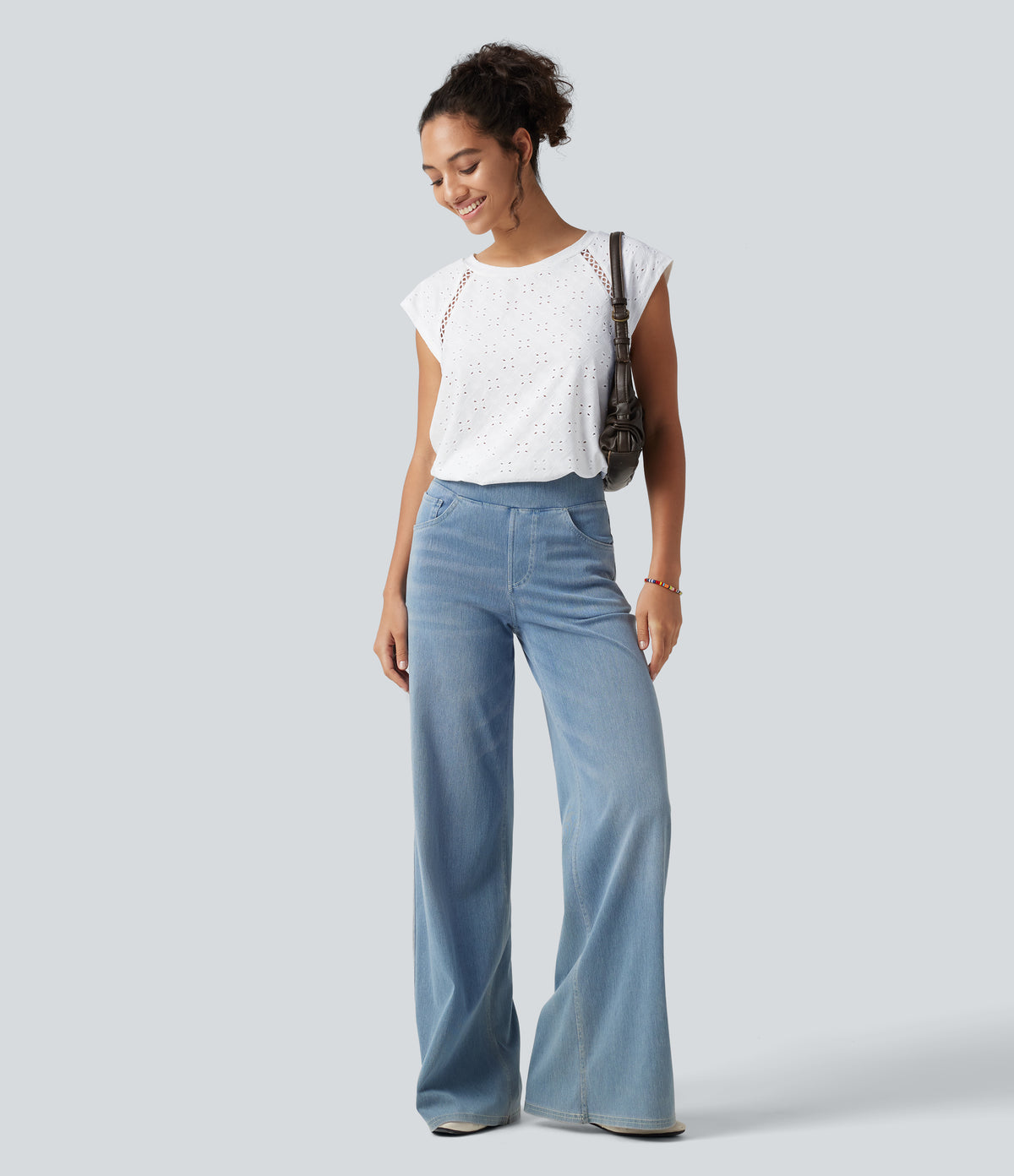 Round Neck Cap Sleeve Cut Out Tie Back Casual Blouse — White — view 8