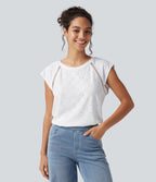 Round Neck Cap Sleeve Cut Out Tie Back Casual Blouse — White — view 4