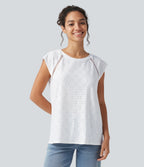 Round Neck Cap Sleeve Cut Out Tie Back Casual Blouse — White — view 7