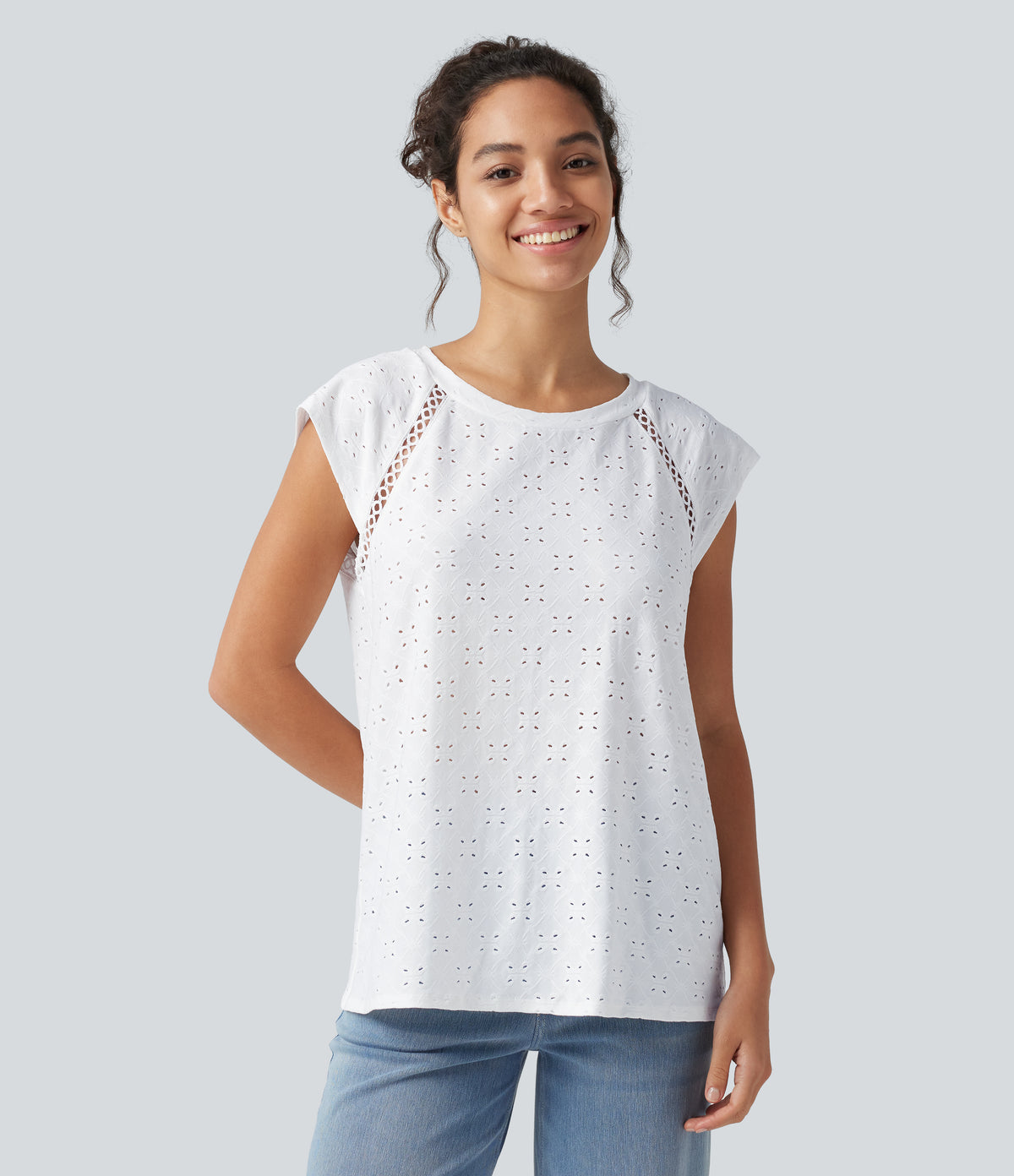 Round Neck Cap Sleeve Cut Out Tie Back Casual Blouse — White — view 7