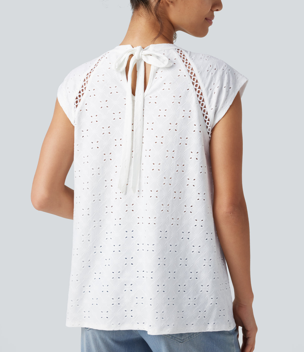 Round Neck Cap Sleeve Cut Out Tie Back Casual Blouse — White — view 5