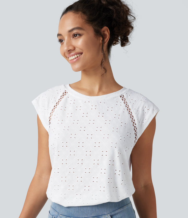 Round Neck Cap Sleeve Cut Out Tie Back Casual Blouse — White — view 1