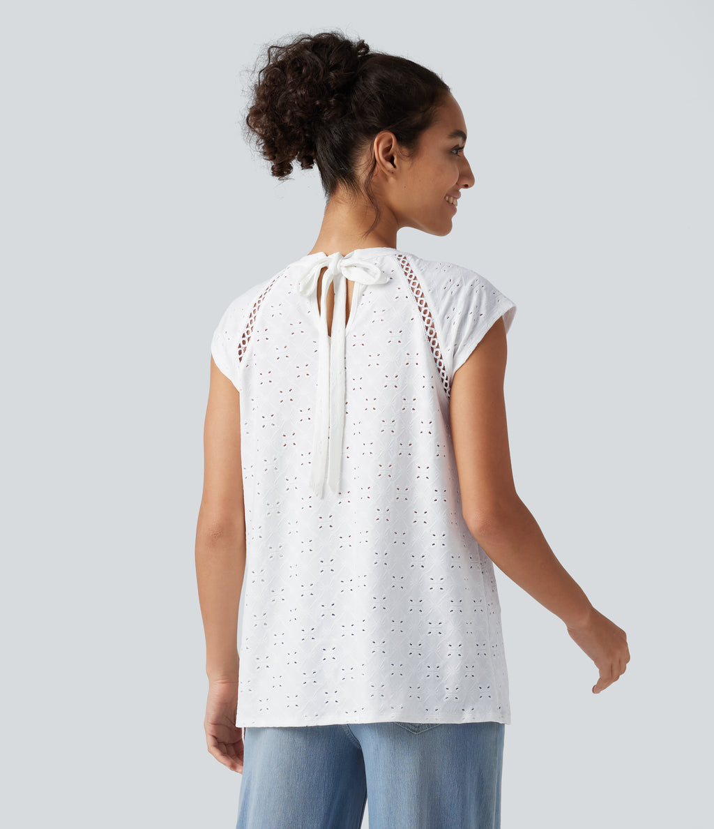 Round Neck Cap Sleeve Cut Out Tie Back Casual Blouse — White — view 2