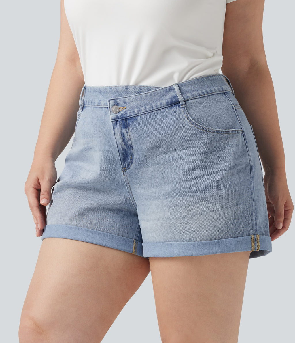 Plus Size Asymmetric High Waisted Rolled Hem Washed Denim Casual Shorts with Pockets — Baltic Sea Blue Denim — view 3