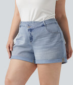 Plus Size Asymmetric High Waisted Rolled Hem Washed Denim Casual Shorts with Pockets — Baltic Sea Blue Denim — view 3