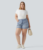 Plus Size Asymmetric High Waisted Rolled Hem Washed Denim Casual Shorts with Pockets — Baltic Sea Blue Denim — view 7