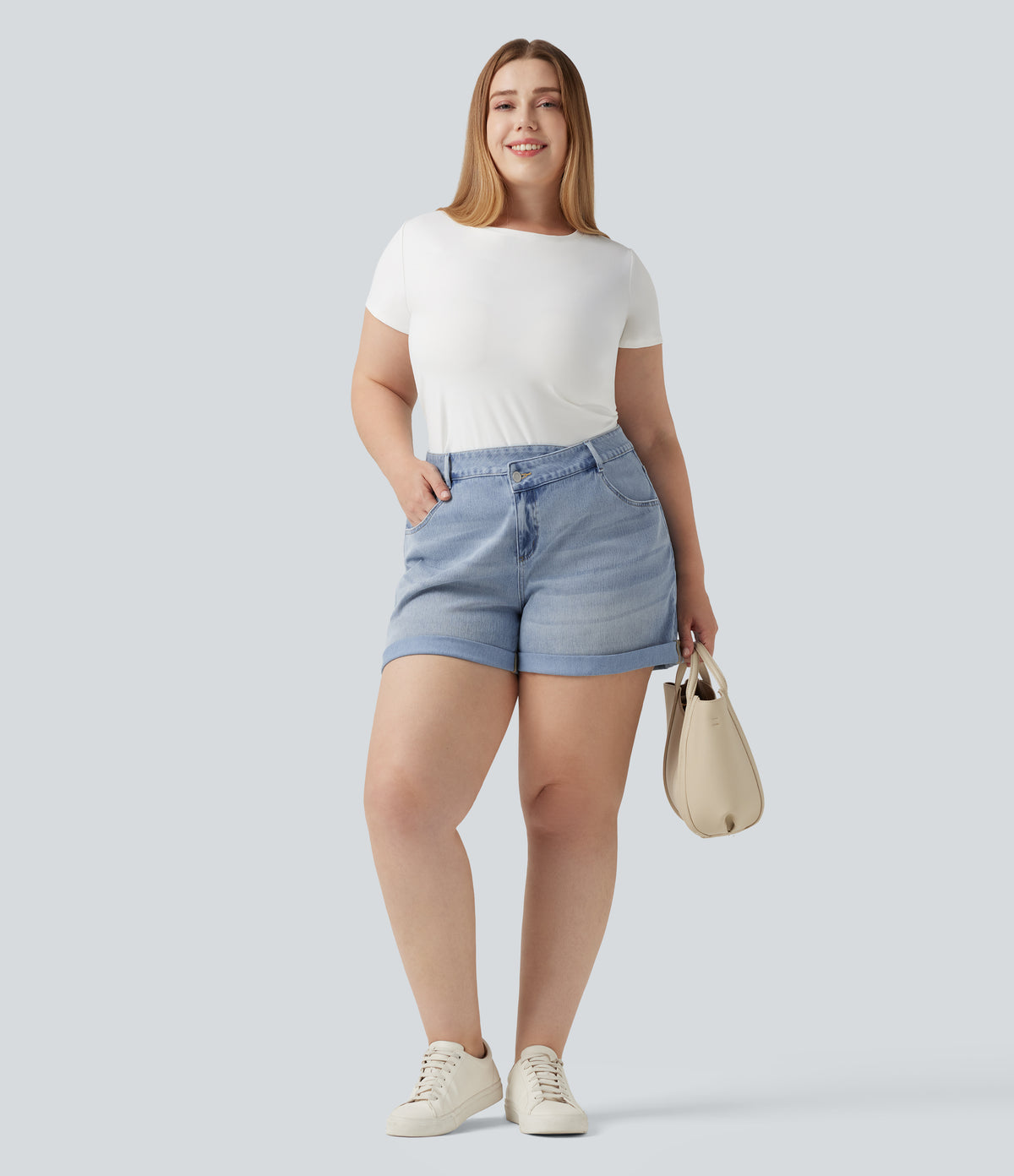 Plus Size Asymmetric High Waisted Rolled Hem Washed Denim Casual Shorts with Pockets — Baltic Sea Blue Denim — view 7