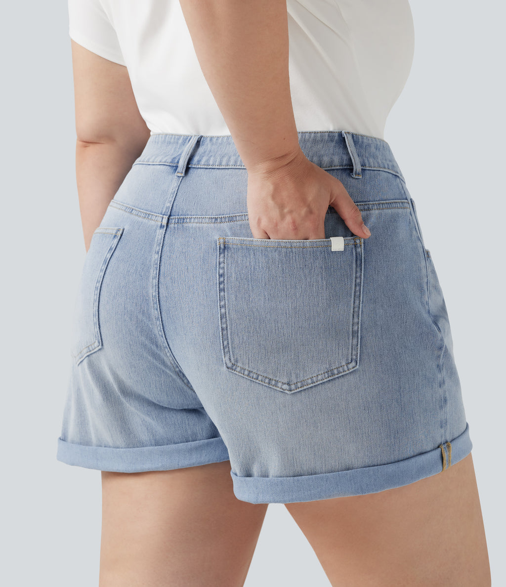 Plus Size Asymmetric High Waisted Rolled Hem Washed Denim Casual Shorts with Pockets — Baltic Sea Blue Denim — view 2