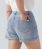 Plus Size Asymmetric High Waisted Rolled Hem Washed Denim Casual Shorts with Pockets — Baltic Sea Blue Denim — view 2