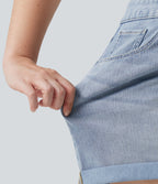 Plus Size Asymmetric High Waisted Rolled Hem Washed Denim Casual Shorts with Pockets — Baltic Sea Blue Denim — view 6