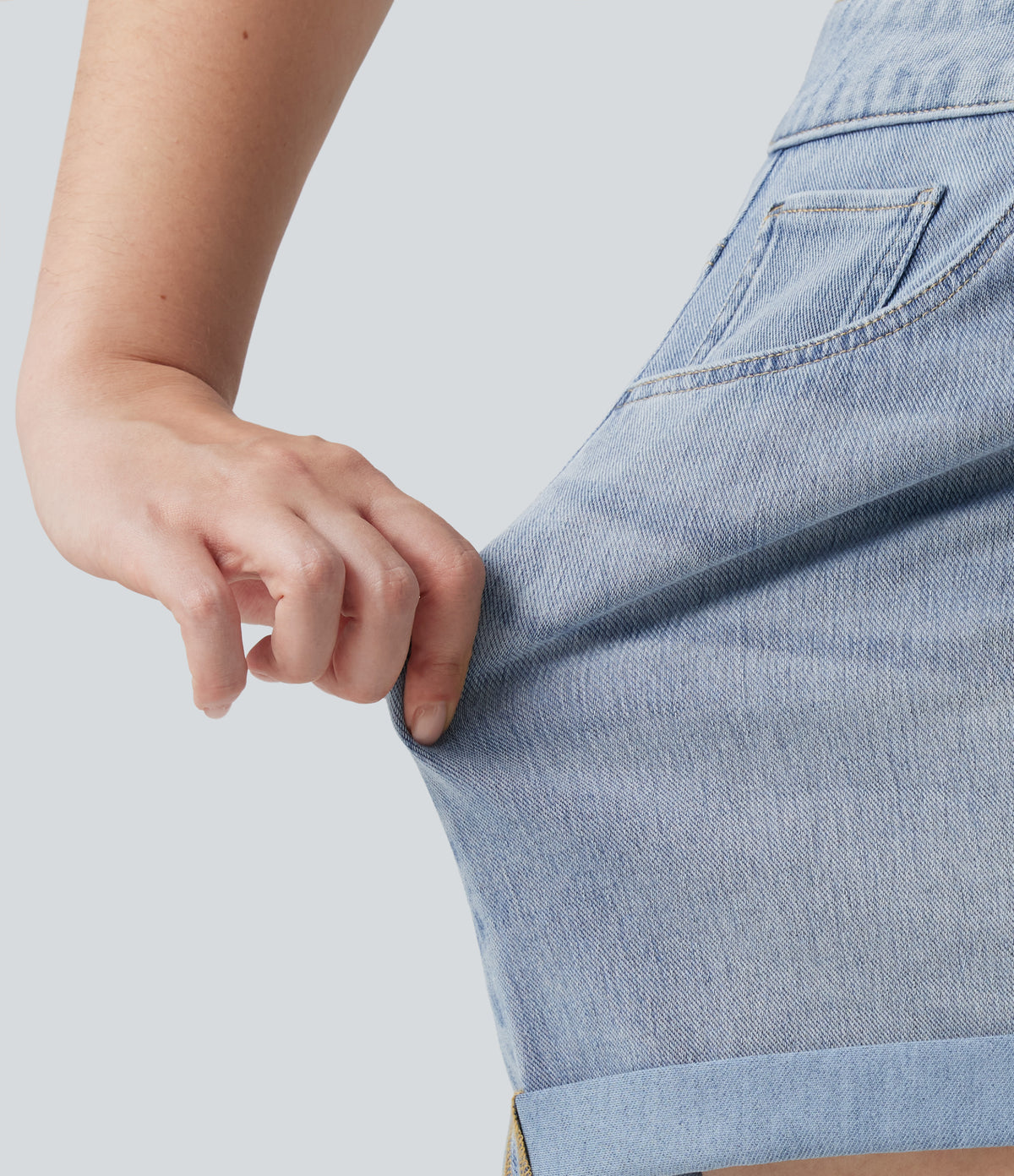 Plus Size Asymmetric High Waisted Rolled Hem Washed Denim Casual Shorts with Pockets — Baltic Sea Blue Denim — view 6