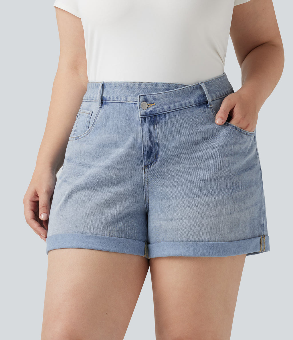 Plus Size Asymmetric High Waisted Rolled Hem Washed Denim Casual Shorts with Pockets — Baltic Sea Blue Denim — view 1