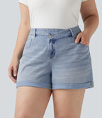 Plus Size Asymmetric High Waisted Rolled Hem Washed Denim Casual Shorts with Pockets — Baltic Sea Blue Denim — view 1