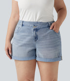 Plus Size Asymmetric High Waisted Rolled Hem Washed Denim Casual Shorts with Pockets — Baltic Sea Blue Denim — view 4