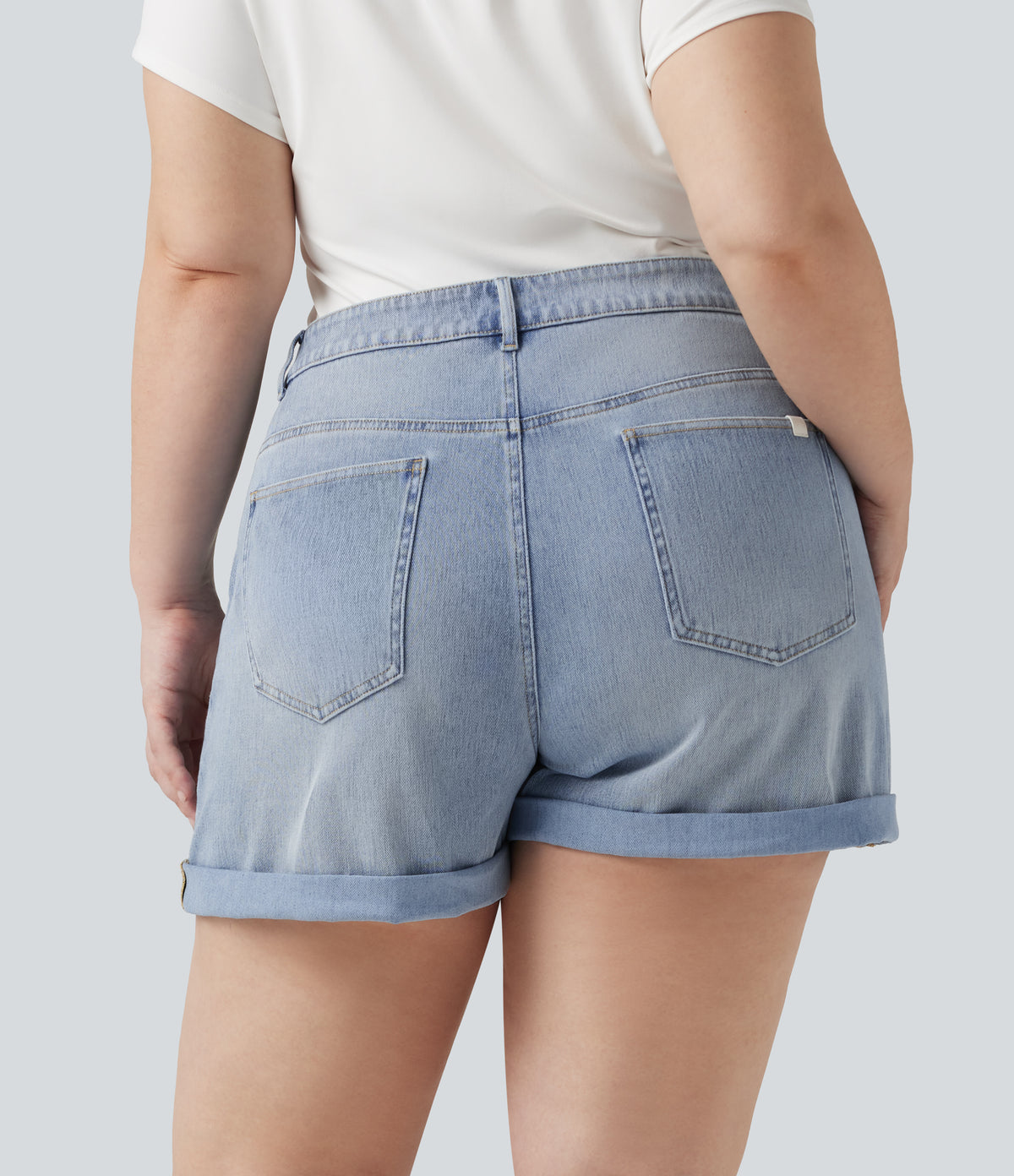 Plus Size Asymmetric High Waisted Rolled Hem Washed Denim Casual Shorts with Pockets — Baltic Sea Blue Denim — view 5
