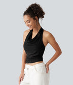 Halter Cowl Neck Built-in Bra Ruched Lace Casual Tank Top — Black — additional view