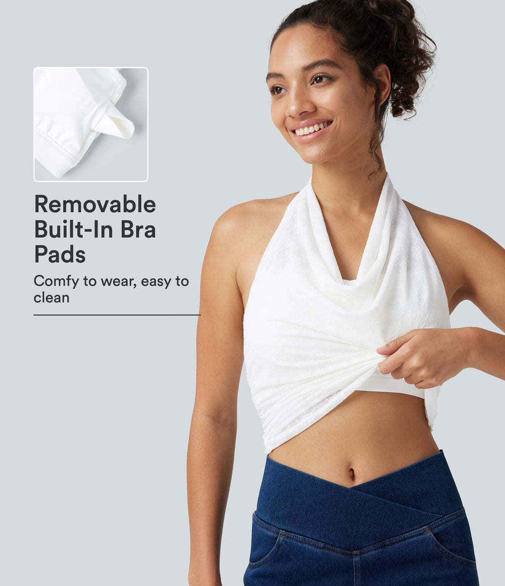 Halter Cowl Neck Built-in Bra Ruched Lace Casual Tank Top — White — view 1