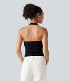 Halter Cowl Neck Built-in Bra Ruched Lace Casual Tank Top — Black — additional view