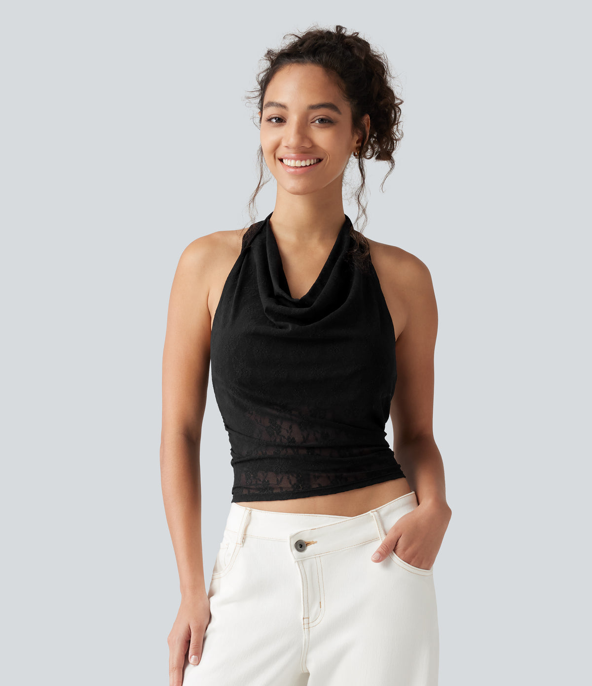 Halter Cowl Neck Built-in Bra Ruched Lace Casual Tank Top — Black — additional view
