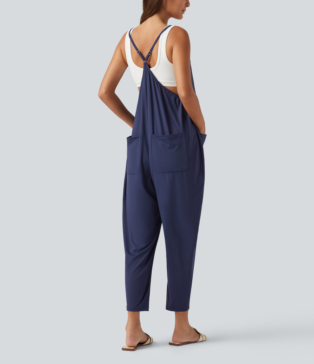 Square Neck Tapered Casual Maternity Jumpsuit with Pockets — Black Iris — view 2